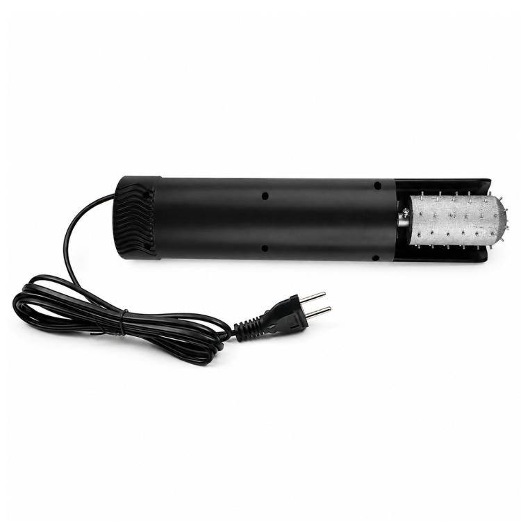 Black handheld electric coconut scraper with serrated drum and power cord