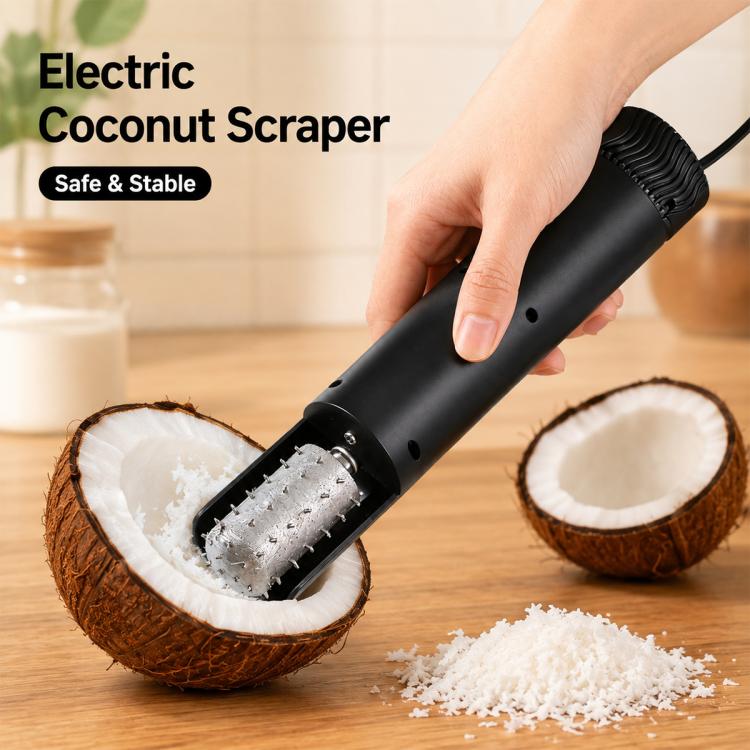 Handheld electric coconut scraper in use over halved coconuts and shredded coconut