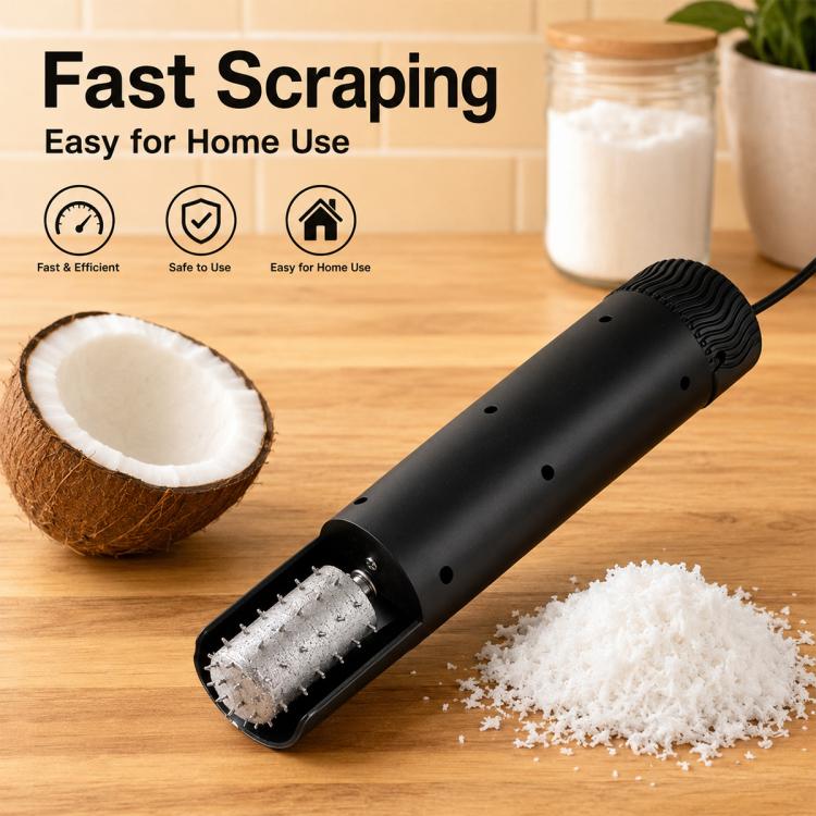 LsCook handheld electric coconut meat scraper, black body with rotating stainless blade