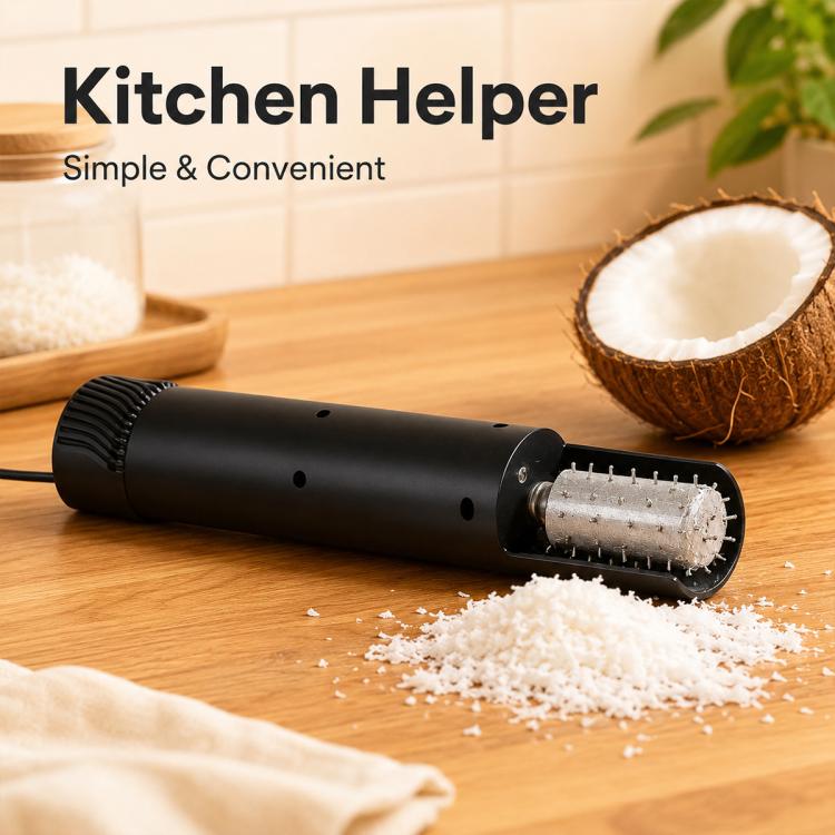 LsCook electric coconut scraper, black handheld unit with stainless grinding drum