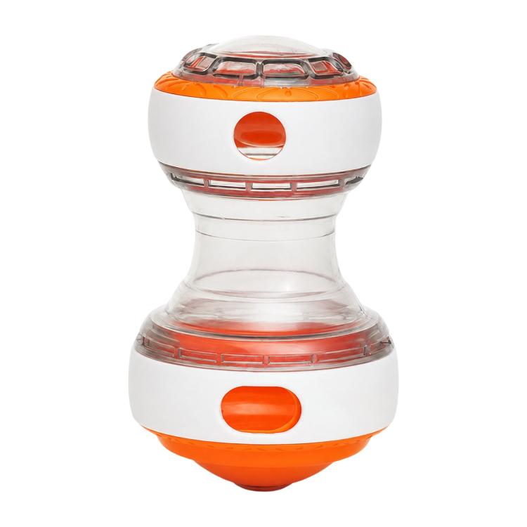 Orange transparent rolling treat-dispensing ball toy for dogs with two refill openings