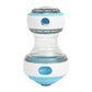 Blue transparent rolling treat-dispensing ball toy for dogs with two refill openings