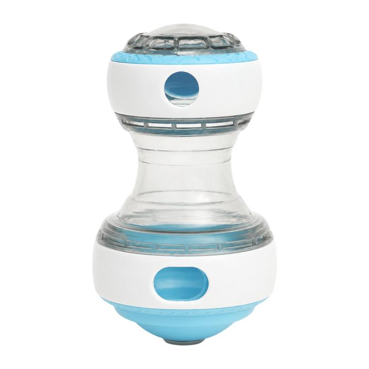 Blue transparent rolling treat-dispensing ball toy for dogs with two refill openings