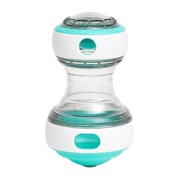 Green transparent rolling treat-dispensing ball toy for dogs with two refill openings