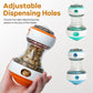 Orange and clear rolling treat-dispensing ball toy with adjustable dispensing holes