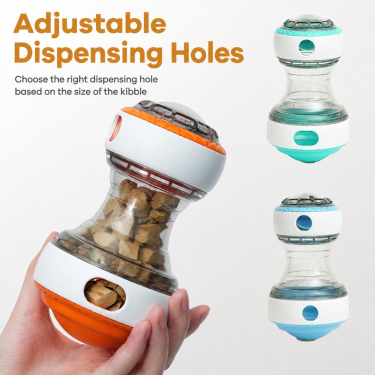Orange and clear rolling treat-dispensing ball toy with adjustable dispensing holes