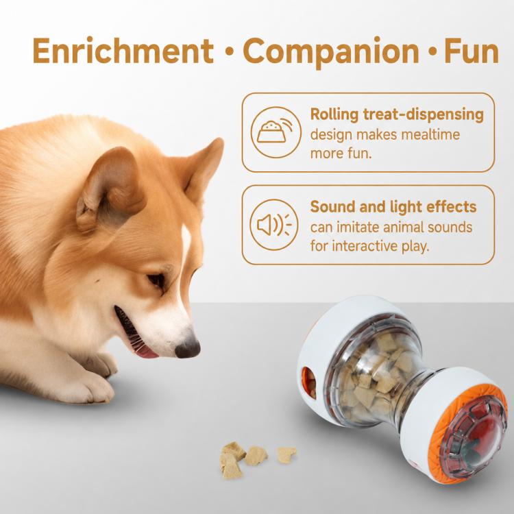 Orange transparent rolling treat-dispensing ball toy for dogs with built-in compartments