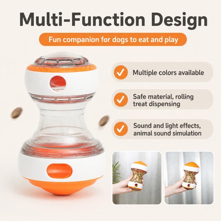 Orange transparent rolling treat-dispensing ball toy with sound-and-light effect