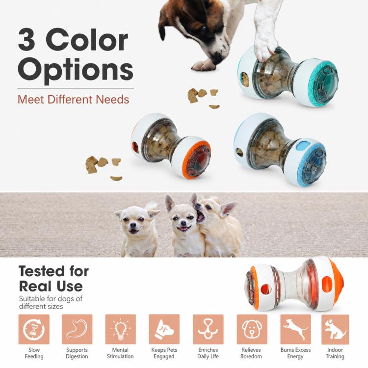 Blue and teal transparent rolling treat-dispensing ball pet toys in multiple colors