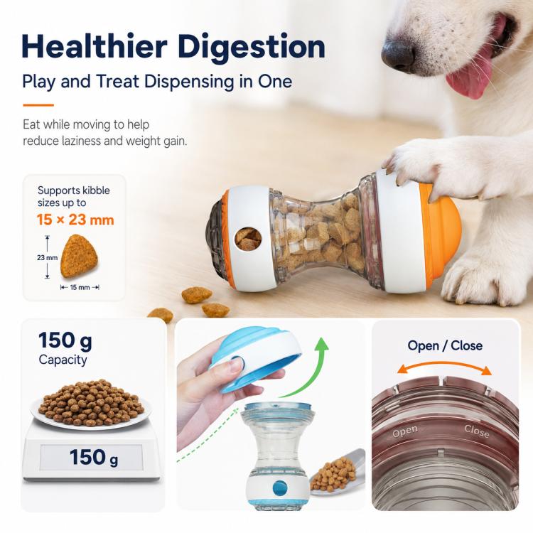 Orange transparent rolling treat-dispensing ball toy with adjustable portion opening