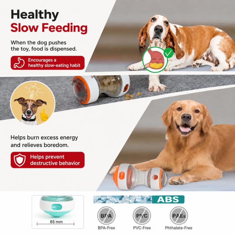 Orange transparent rolling treat-dispensing ball toy for slow feeding and play
