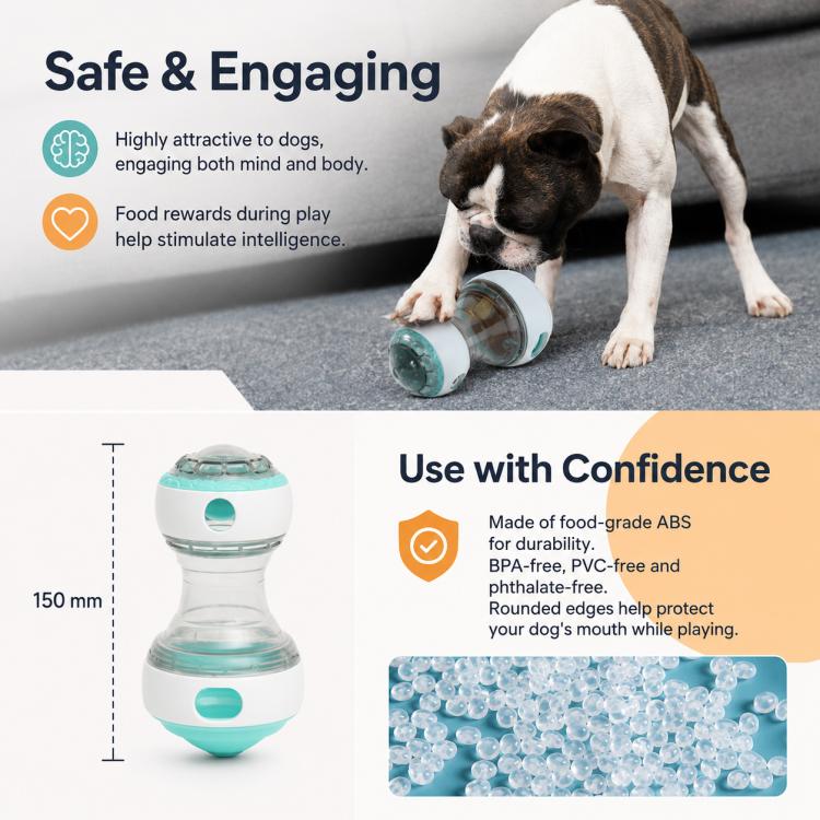 Turquoise and white treat-dispensing rolling ball pet toy for dogs, textured sides