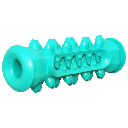 Blue bone-shaped dog teething chew toy with ridged cleaning channel and jagged nubs.