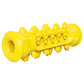Yellow bone-shaped dog teething chew toy with ridged cleaning channel and jagged nubs.