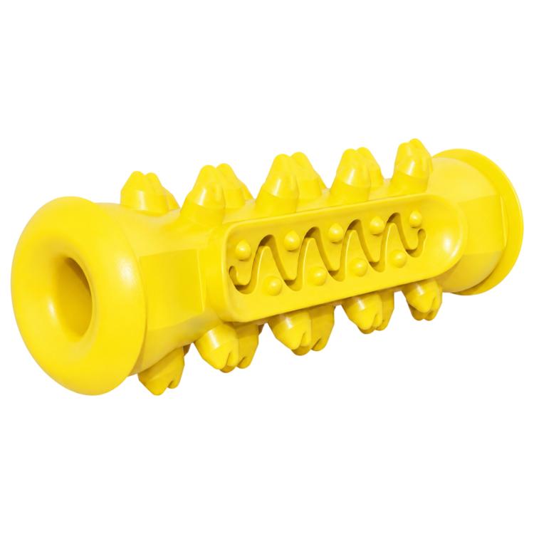 Yellow bone-shaped dog teething chew toy with ridged cleaning channel and jagged nubs.