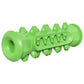 Green bone-shaped dog teething chew toy with ridged cleaning channel and jagged nubs.