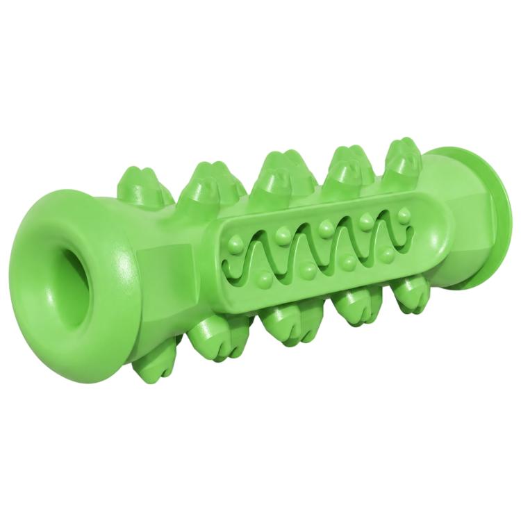 Green bone-shaped dog teething chew toy with ridged cleaning channel and jagged nubs.