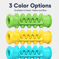 Three-color bone-shaped dog teething chew toy set: green, yellow, and blue with nubs.