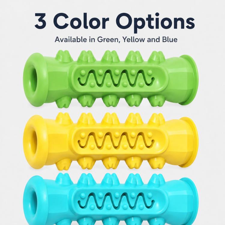 Three-color bone-shaped dog teething chew toy set: green, yellow, and blue with nubs.