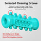 Blue bone-shaped dog teething chew toy with serrated groove and raised tooth-cleaning bumps.