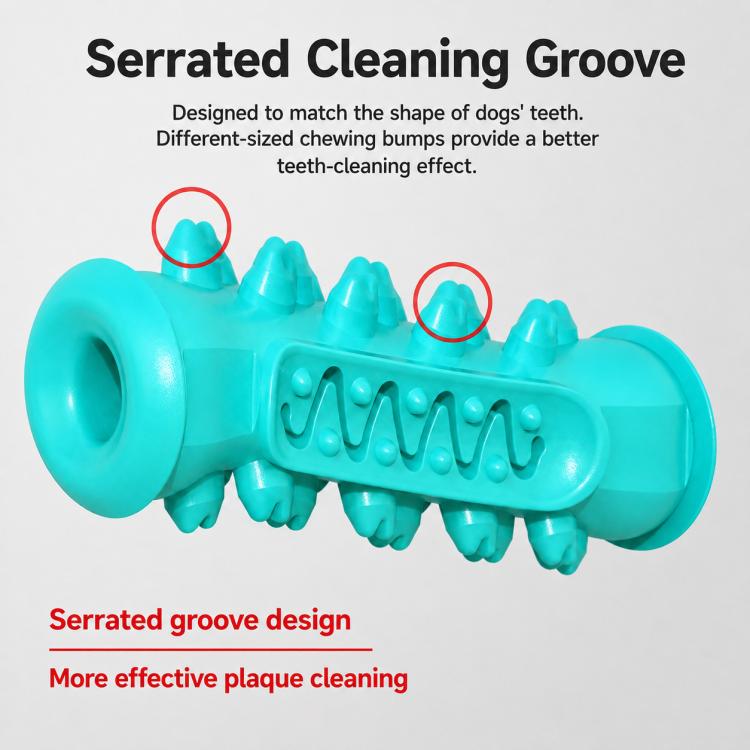 Blue bone-shaped dog teething chew toy with serrated groove and raised tooth-cleaning bumps.