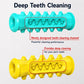 Blue and yellow bone-shaped dog teething chew toys with deep cleaning channel and nubs.