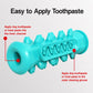 Blue bone-shaped dog teething chew toy showing inner channel for applying toothpaste or treat paste.