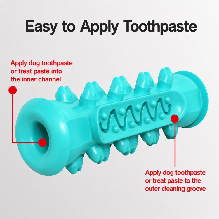 Blue bone-shaped dog teething chew toy showing inner channel for applying toothpaste or treat paste.
