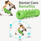 Green bone-shaped dog teething chew toy beside a sitting dog for dental care benefits.