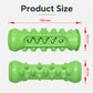Green bone-shaped dog teething chew toy with dimensions shown; front and side views.