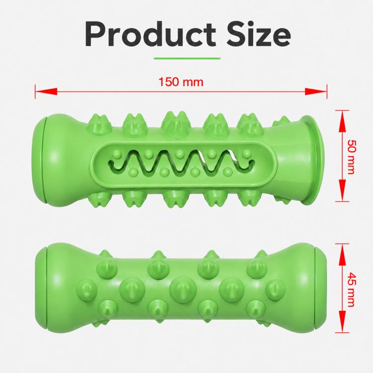 Green bone-shaped dog teething chew toy with dimensions shown; front and side views.