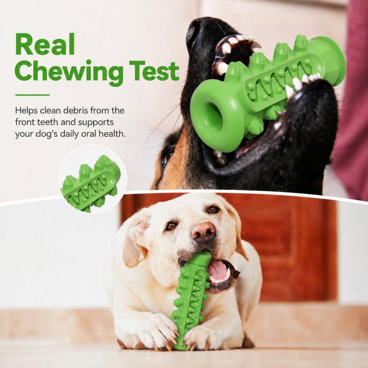 Green bone-shaped dog teething chew toy with ridged grip surface