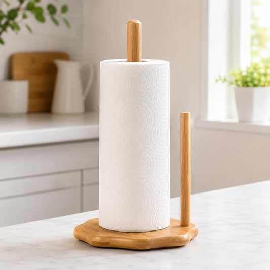 Bamboo dual-column paper roll holder with white roll and round wooden base