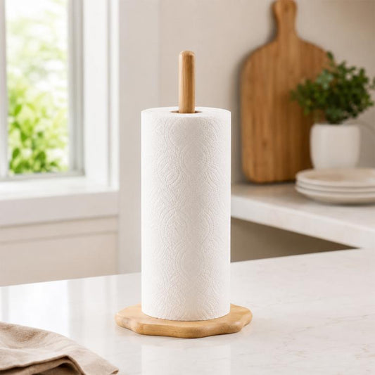 Bamboo single-column paper roll holder with white roll and round wooden base