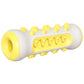 Yellow and gray dog chew teething stick with embossed inner groove and spiky nubs