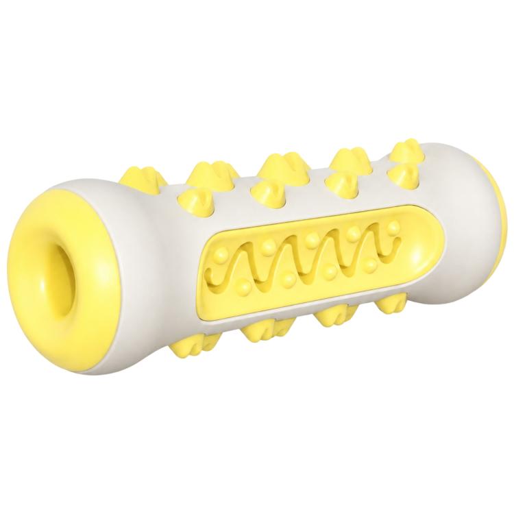 Yellow and gray dog chew teething stick with embossed inner groove and spiky nubs