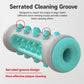 Teal and gray dog chew teething stick with serrated cleaning groove and stud nubs