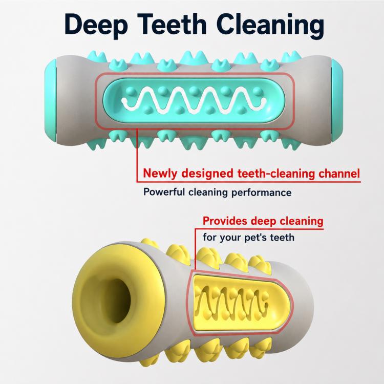 Teal and gray dog chew teething stick with deep cleaning channel and spiky nubs