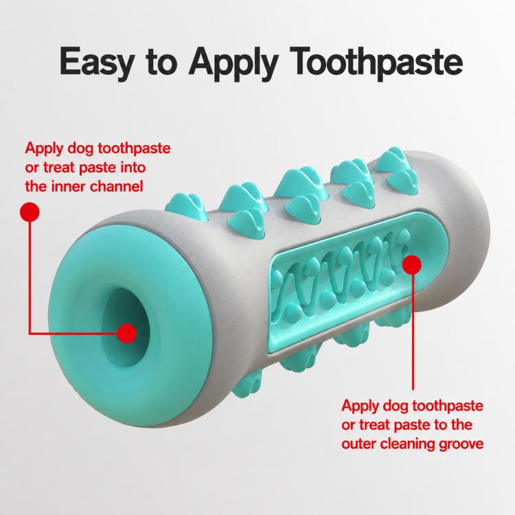 Gray dog teething stick toy with teal inner channel, spiky nubs, and end ring