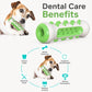 Green and gray dog dental care chew toy with ridged inner groove and spiky nubs