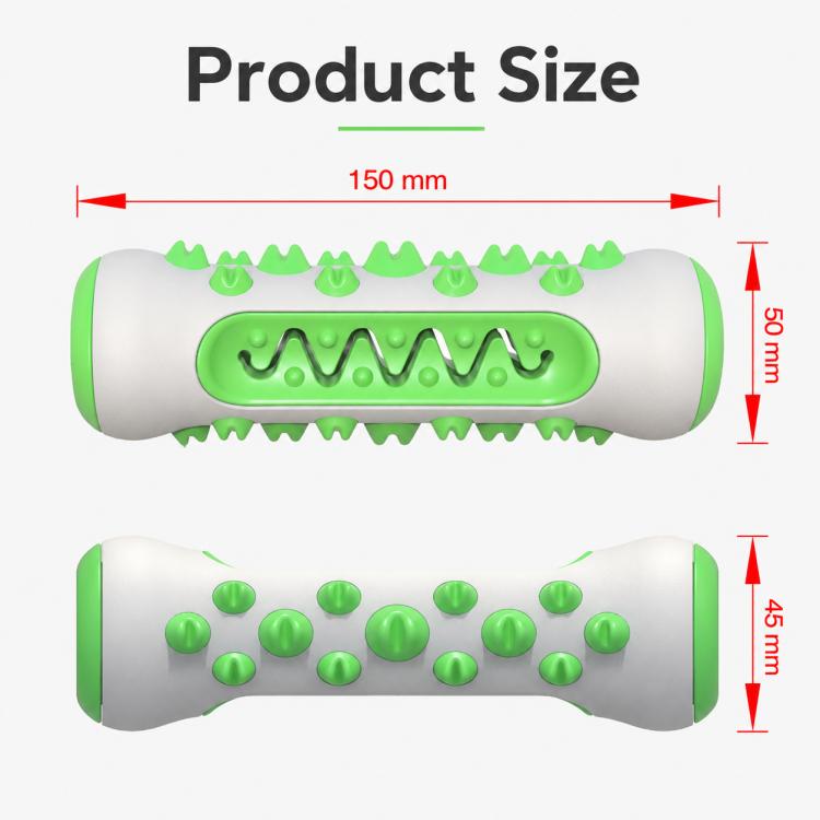 Green and gray dog chew toy with spiky nubs and ridged inner groove, size shown