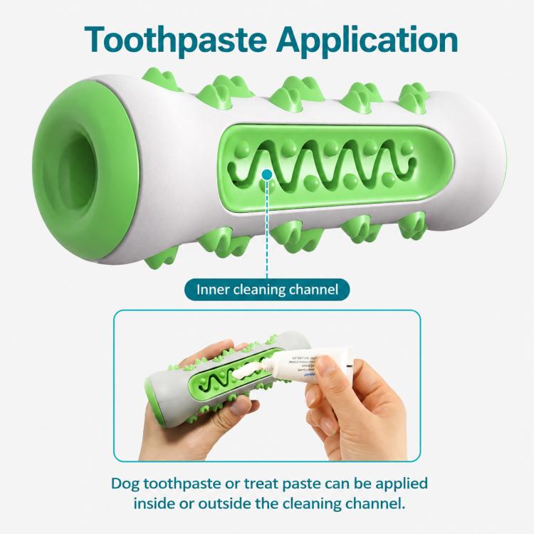 Dog teething stick toy close-up, white with green end cap and inner cleaning ridges