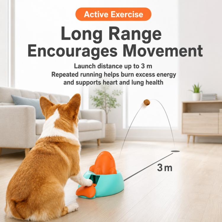 Whale-shaped treat-launch pet toy in teal with orange launcher, with dog nearby