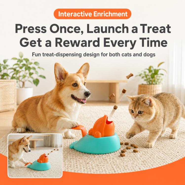 Teal whale-shaped treat-launch toy with orange spout, with dog and cat nearby
