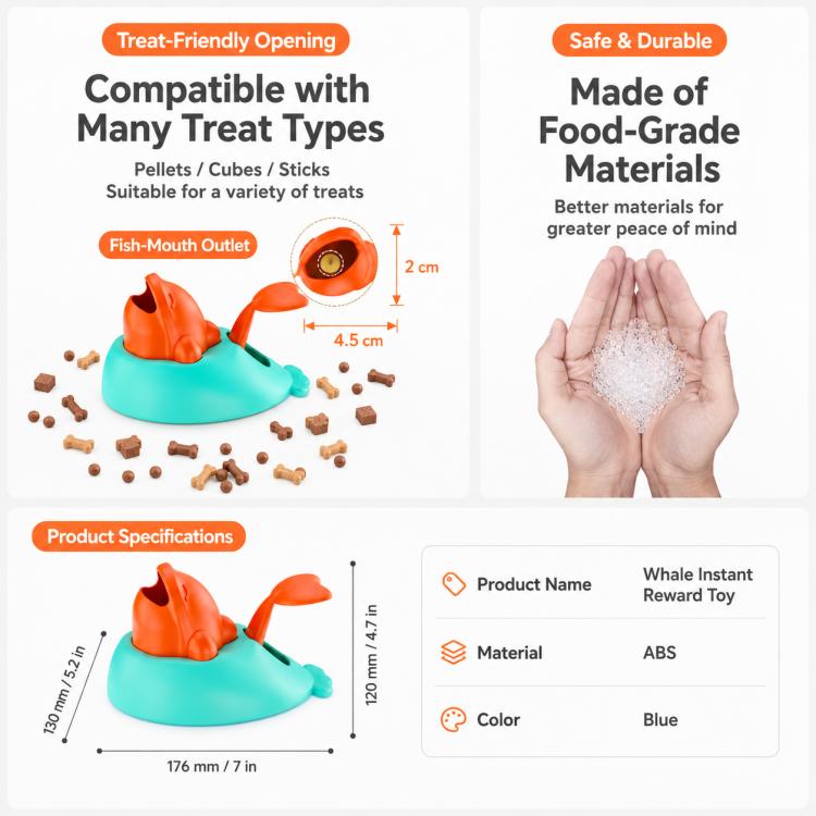 Whale instant reward toy with teal base and orange whale head; size diagram shown