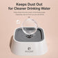 No-wet pet water bowl with floating plate, white base and dark tray