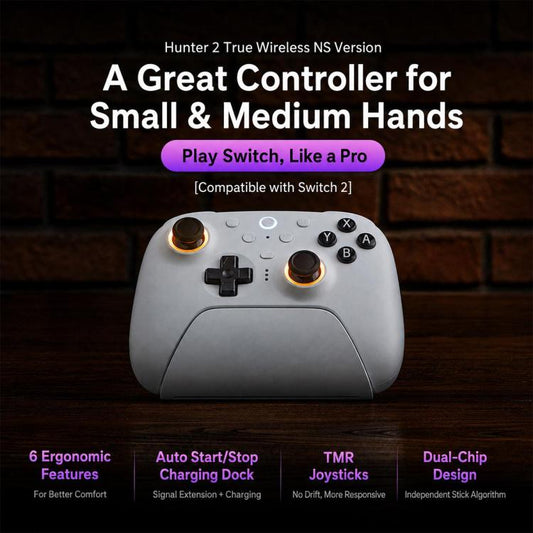 White 8BitDo gaming controller front view with glowing thumbstick rings