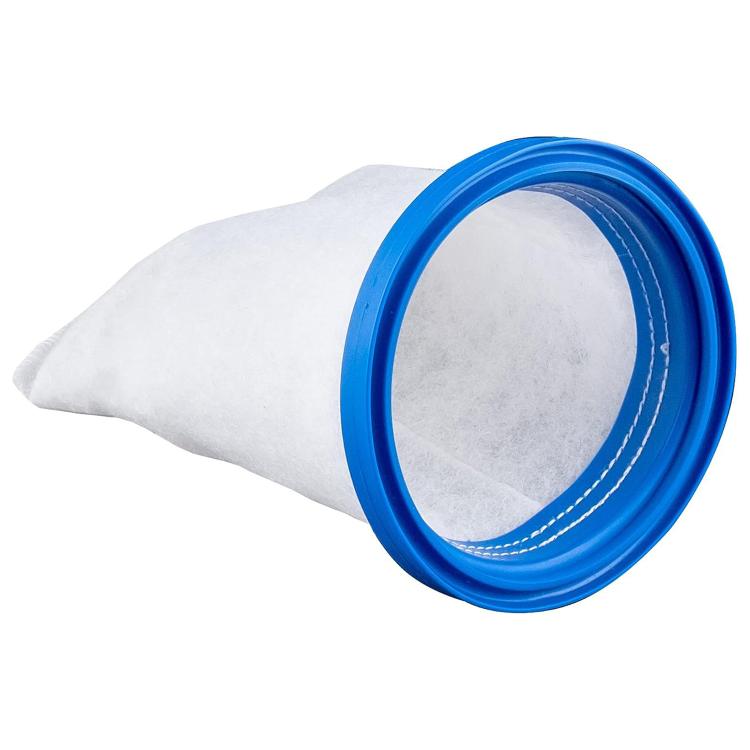 Pool vacuum fleece filter bag with blue circular inlet ring and white filter pouch