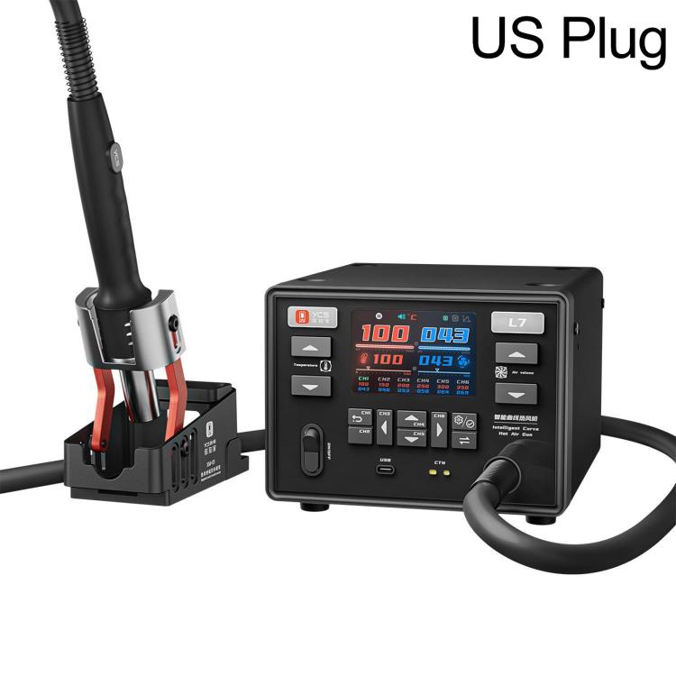 Curved hot air gun station with side-mounted holder, black control panel, US plug