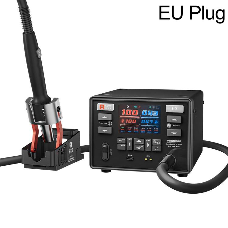 Curved hot air gun station with side-mounted holder, black control panel, EU plug